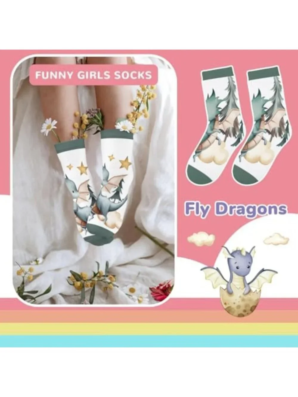 Funny Animal Printed Socks for Kids - Sloth, Dinosaur, Bee & Monkey - 6 Pairs